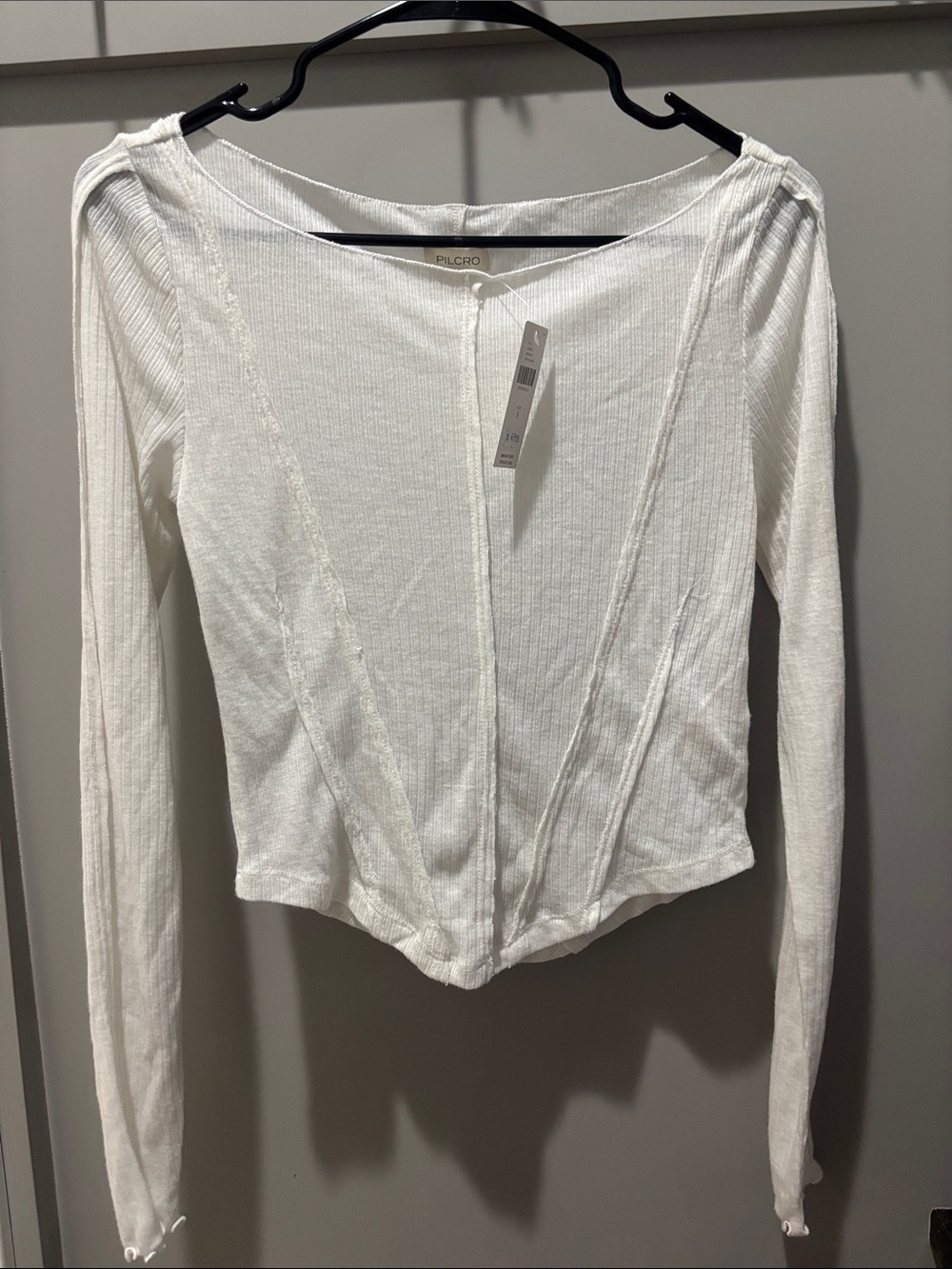 Pilcro Cream Ribbed Long-Sleeve Scoop-Neck Top